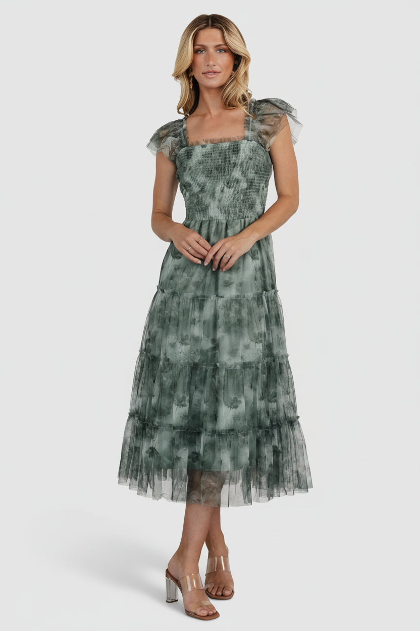Clementine Tulle Midi Dress | Baltic Born Dusty Green Print