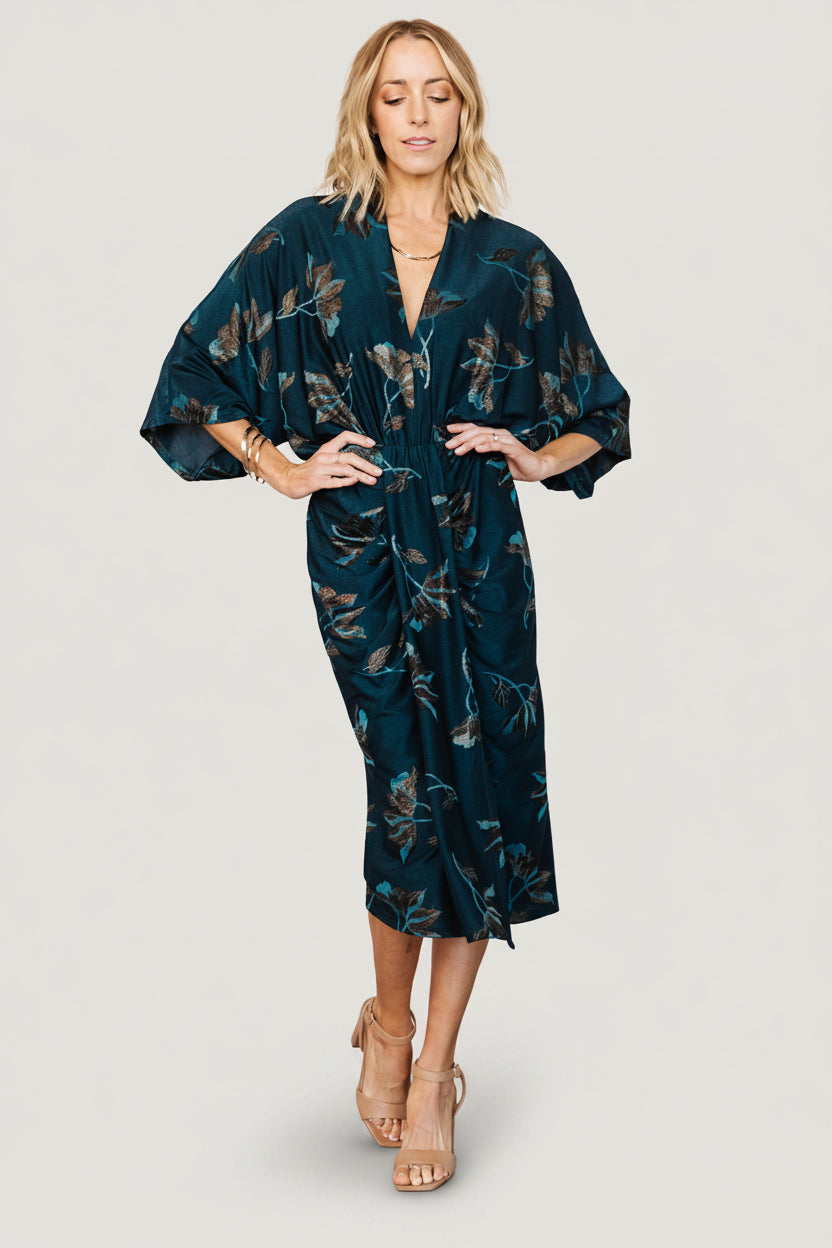 Shaneen Ruched Midi Dress | Baltic Born Jade Floral Shimmer