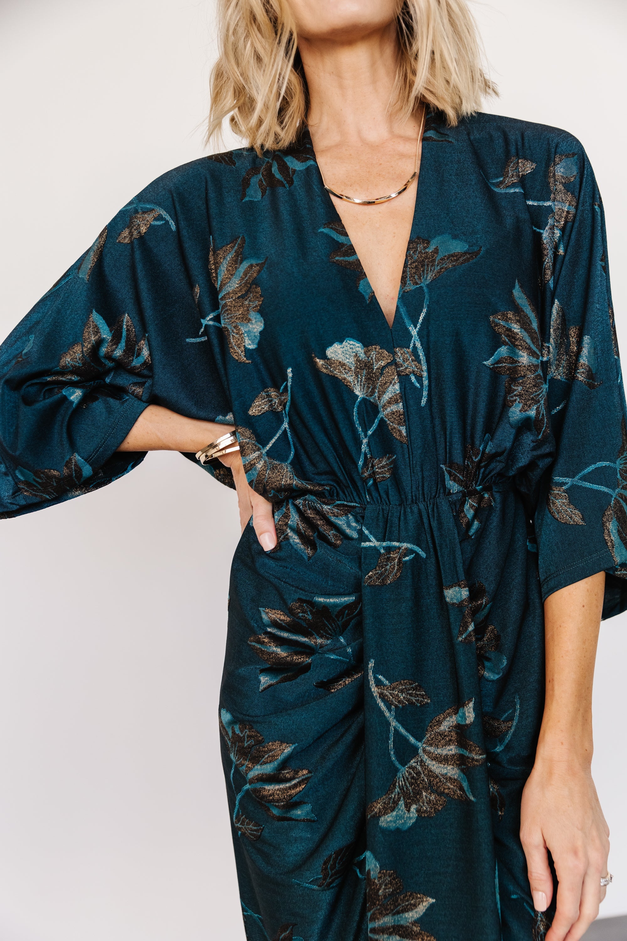 Shaneen Ruched Midi Dress | Baltic Born Jade Floral Shimmer