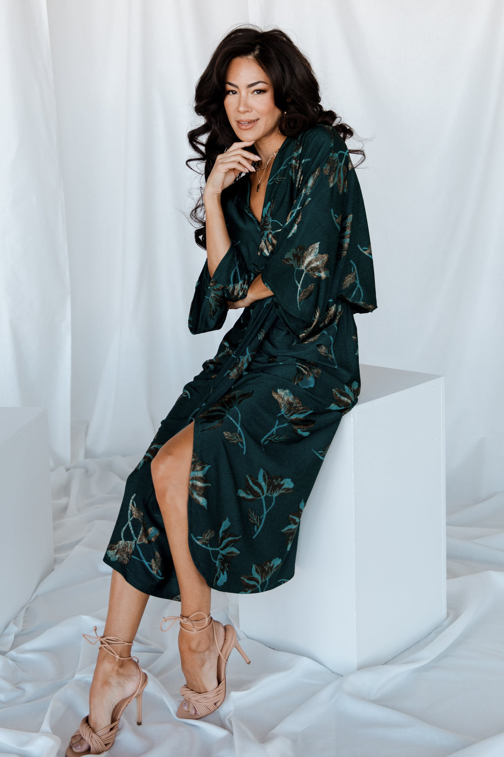 Shaneen Ruched Midi Dress | Baltic Born Jade Floral Shimmer