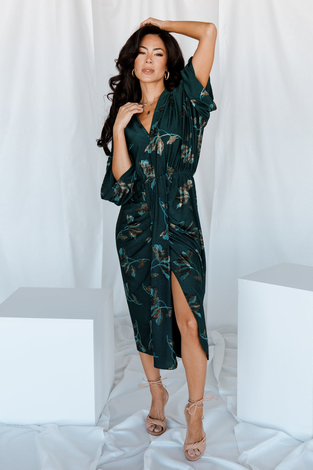 Shaneen Ruched Midi Dress | Baltic Born Jade Floral Shimmer