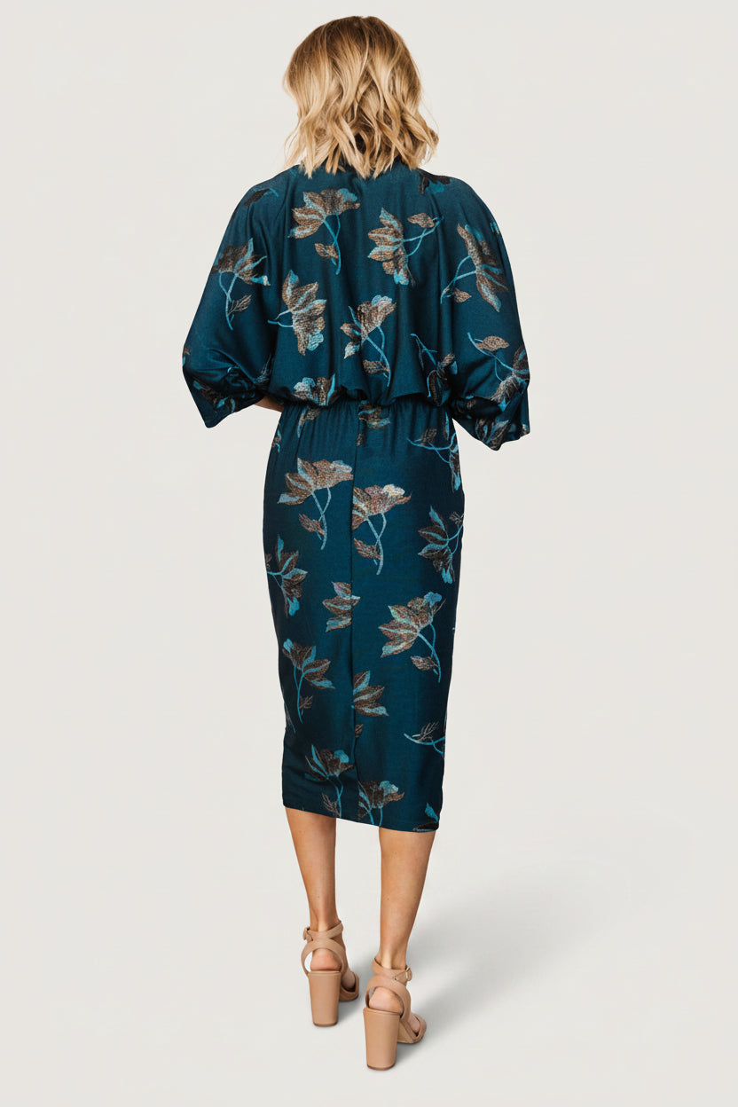 Shaneen Ruched Midi Dress | Baltic Born Jade Floral Shimmer