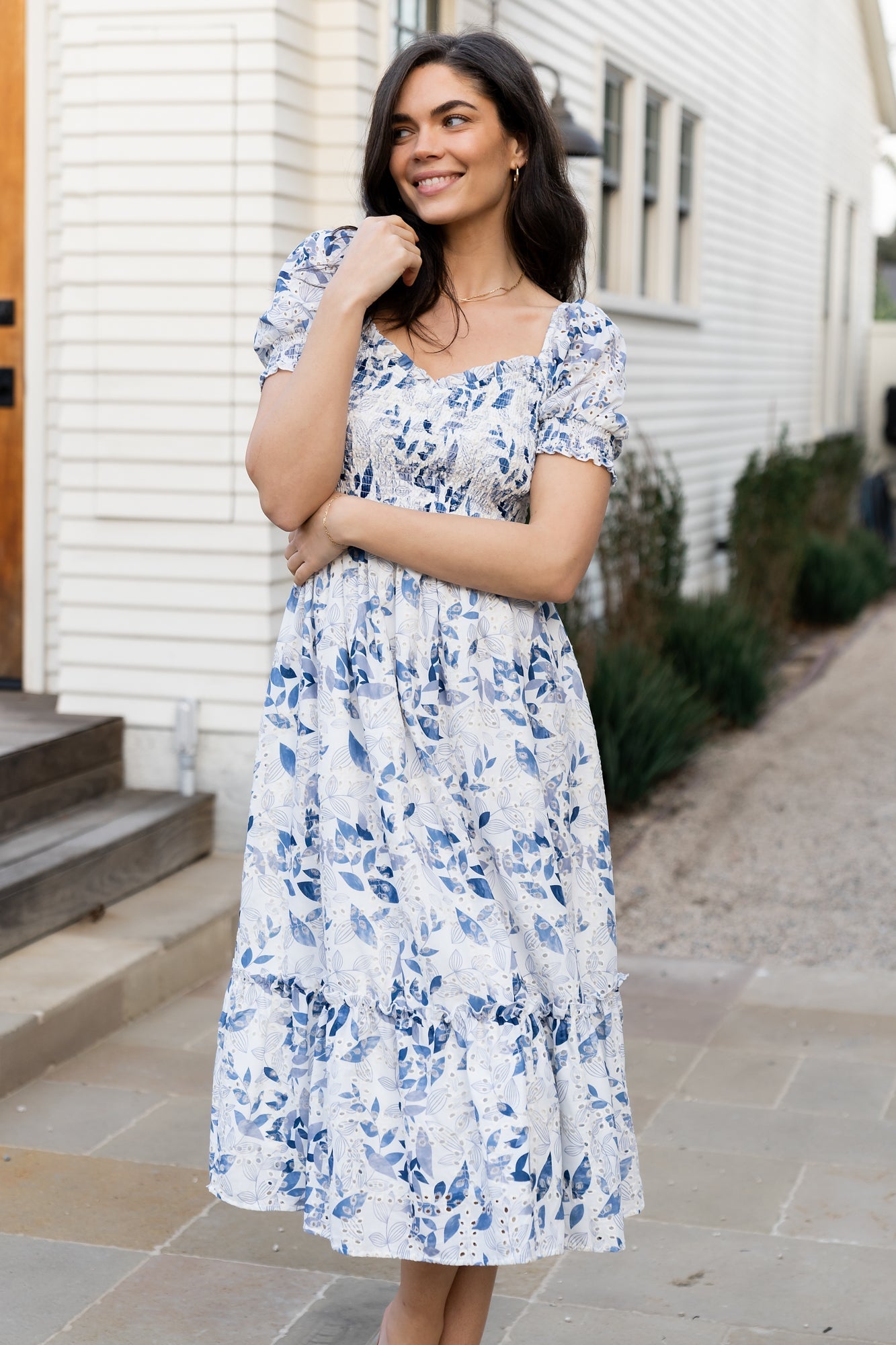 Piper Eyelet Midi Dress | Baltic Born Off White + Blue Floral