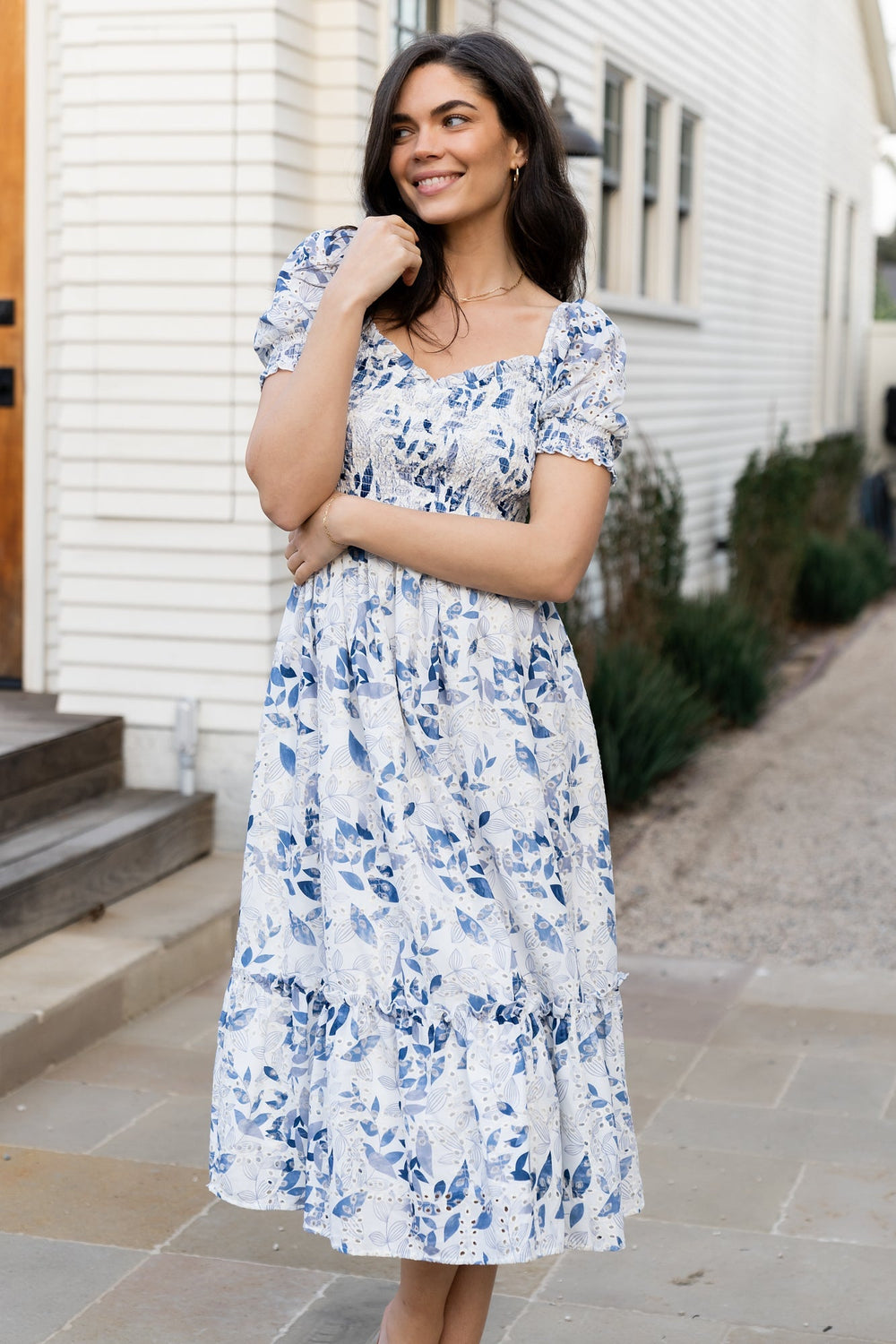 Piper Eyelet Midi Dress | Baltic Born Off White + Blue Floral