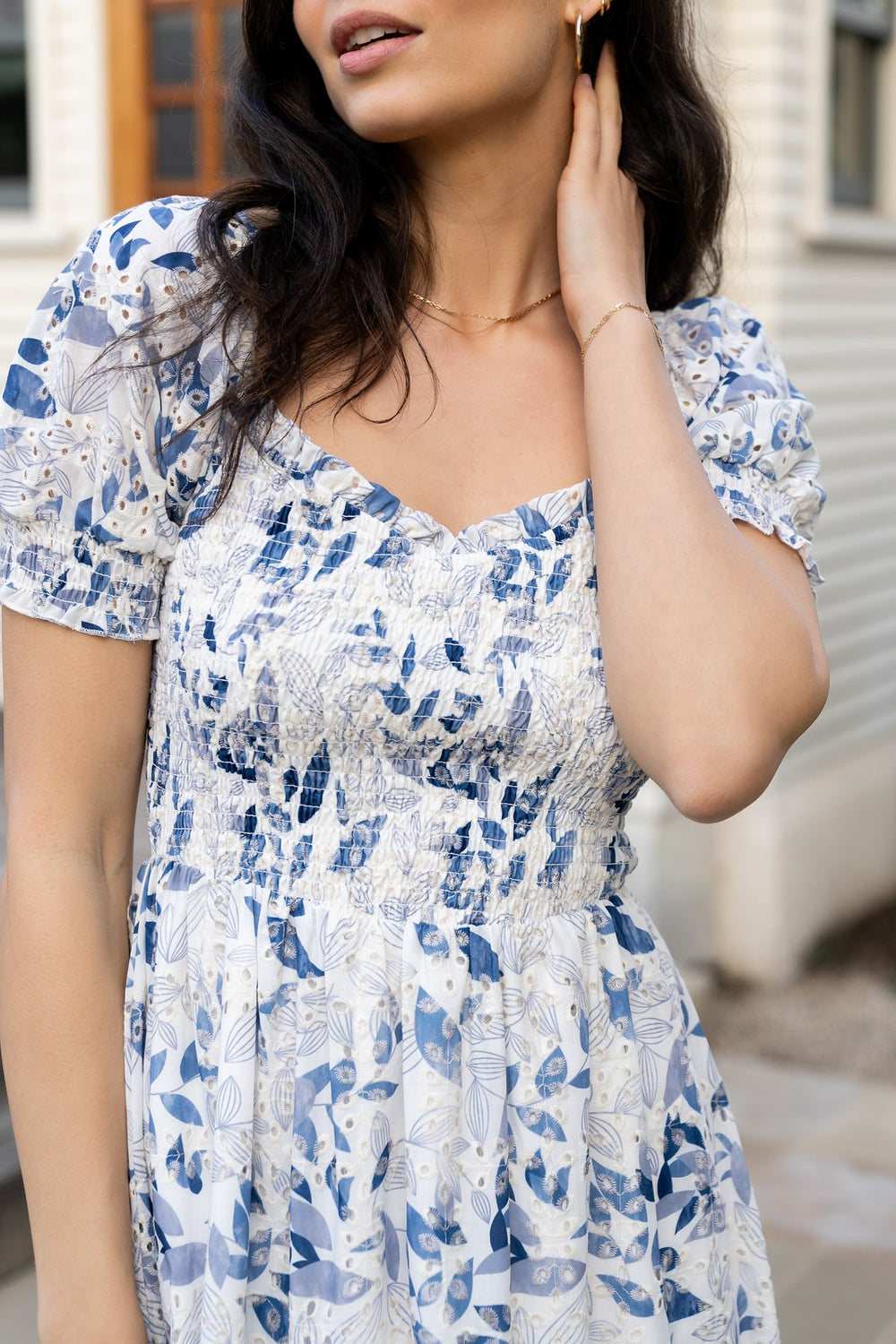 Piper Eyelet Midi Dress | Baltic Born Off White + Blue Floral