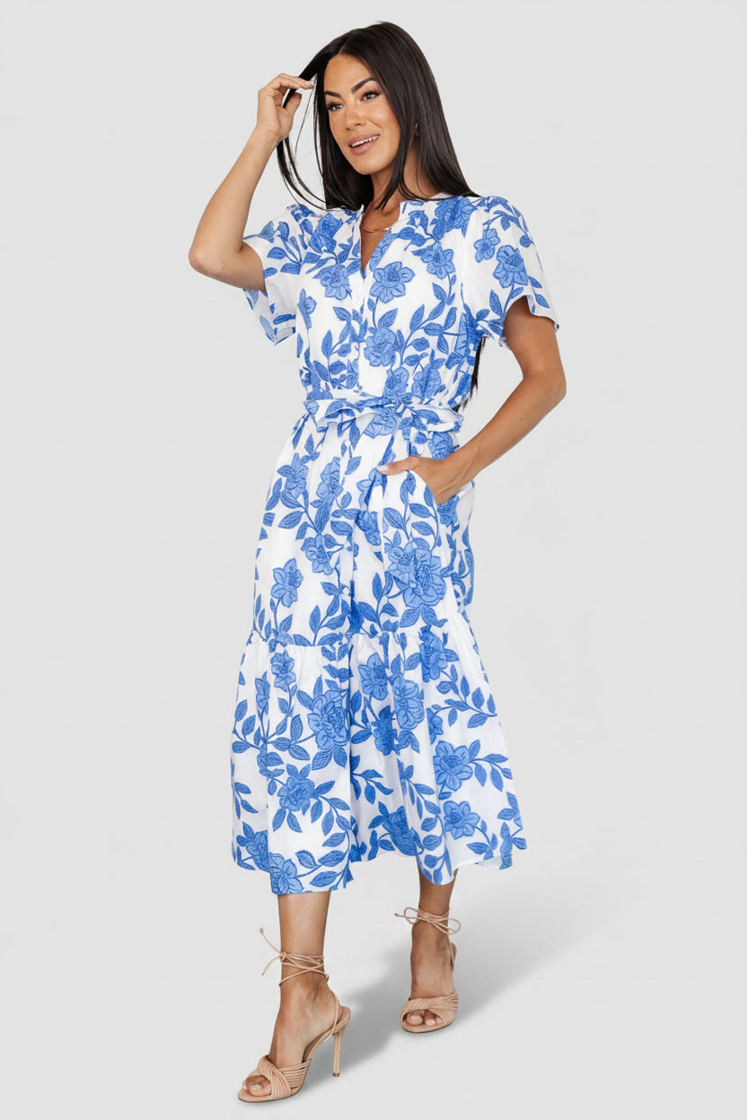 Lydie Button Midi Dress | Baltic Born White + Blue