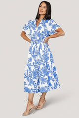 Lydie Button Midi Dress | Baltic Born White + Blue