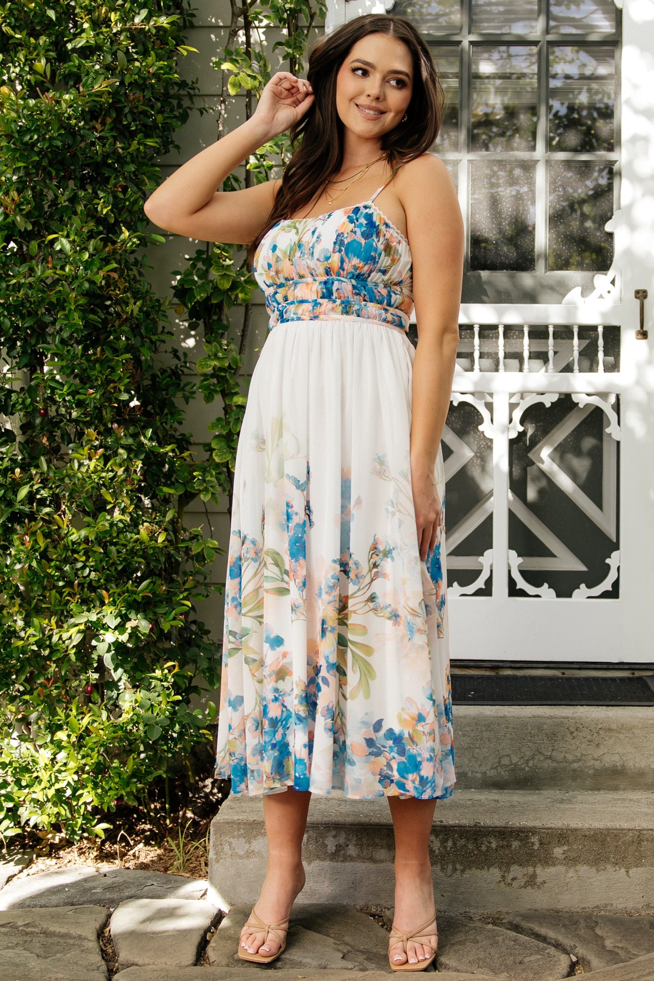 Marceline Midi Dress | Baltic Born White + Blue Floral