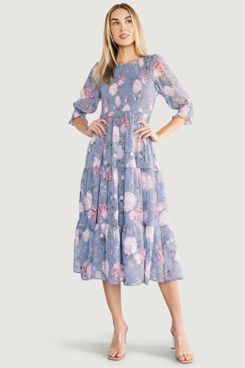Nellie Smocked Midi Dress | Baltic Born Dusty Blue Floral