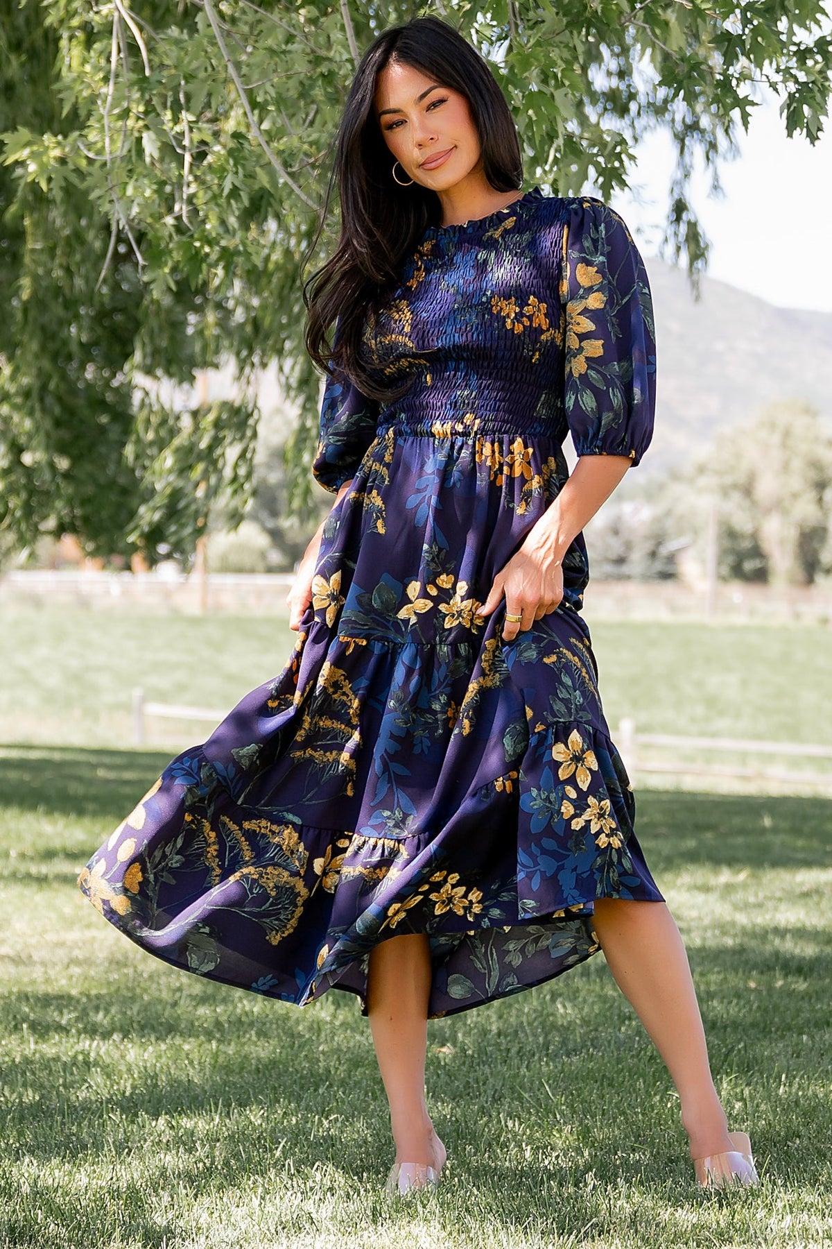 Lena Tiered Midi Dress | Baltic Born Navy + Gold Floral