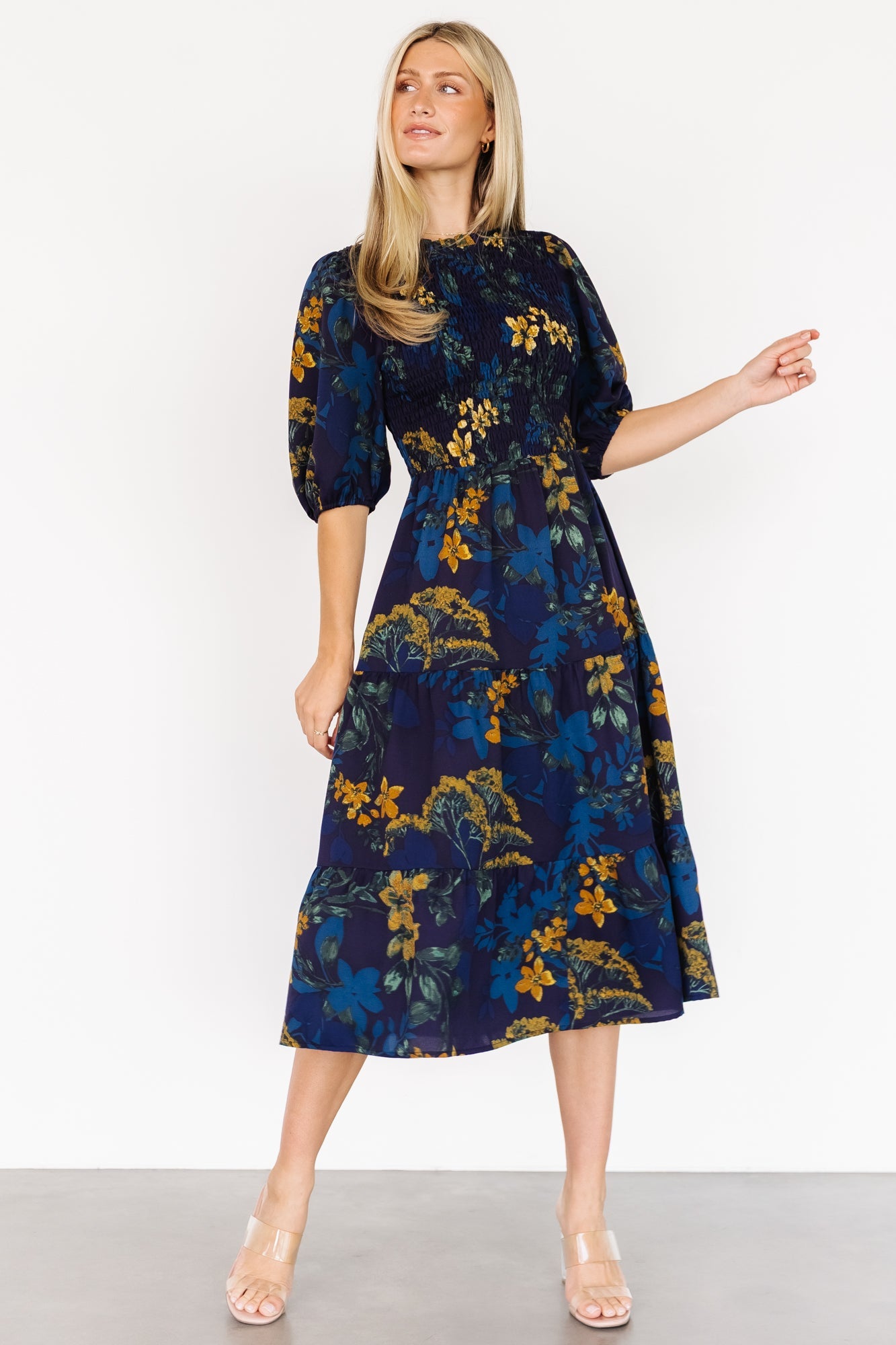 Lena Tiered Midi Dress | Baltic Born Navy + Gold Floral