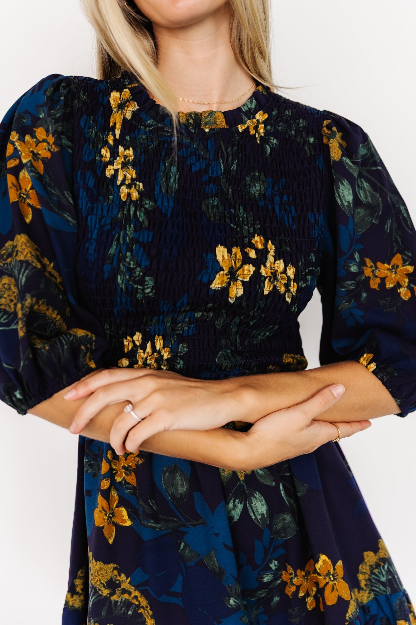 Lena Tiered Midi Dress | Baltic Born Navy + Gold Floral