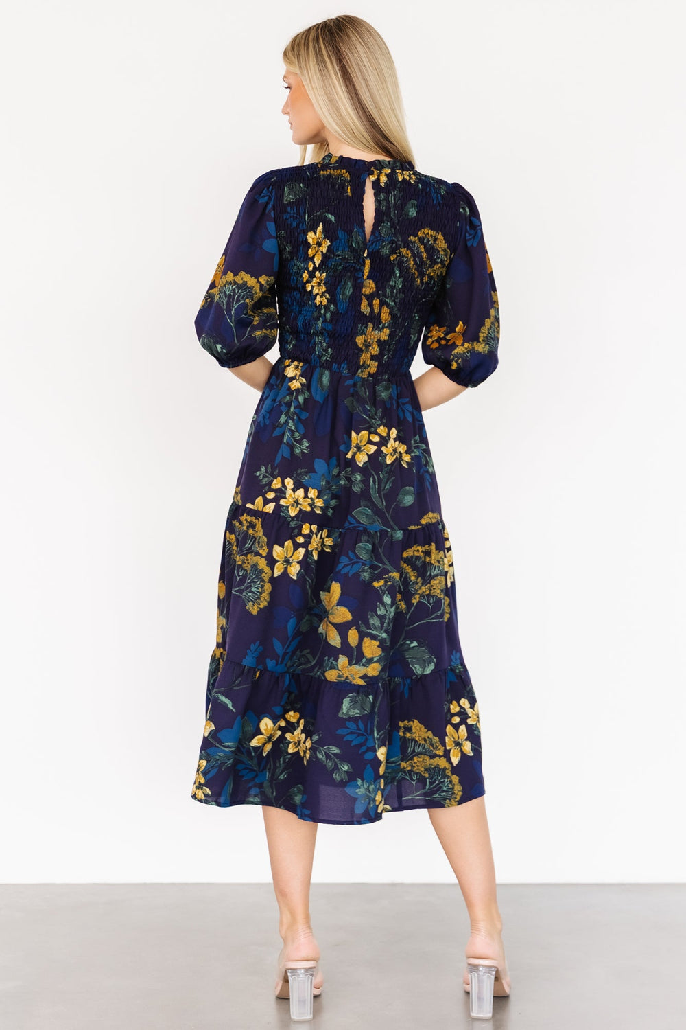 Lena Tiered Midi Dress | Baltic Born Navy + Gold Floral