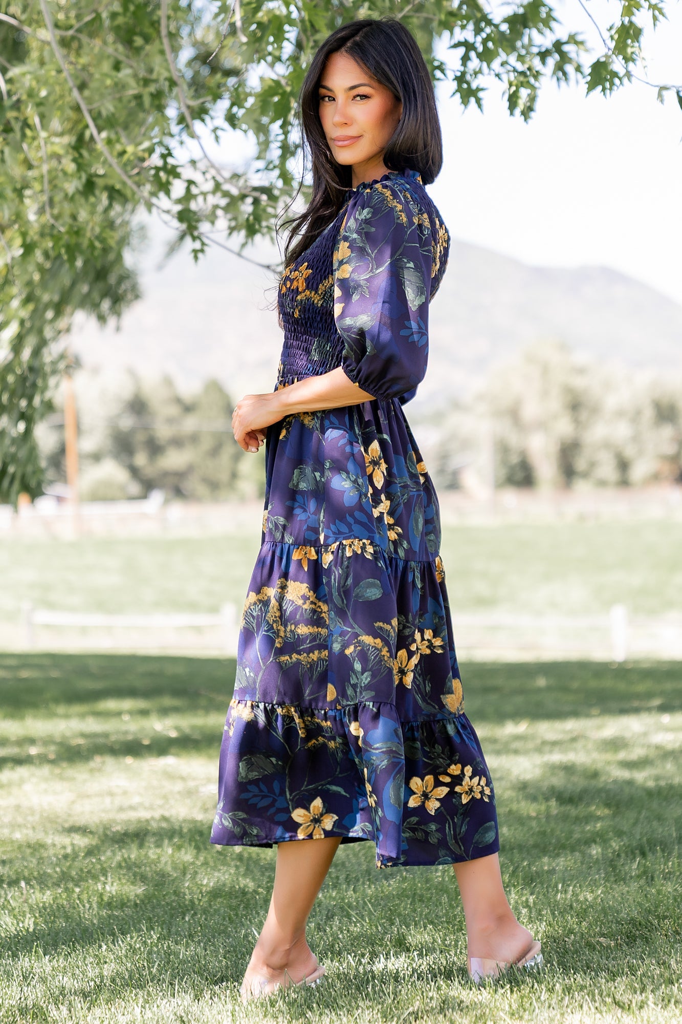 Lena Tiered Midi Dress | Baltic Born Navy + Gold Floral