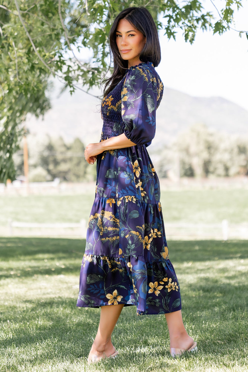 Lena Tiered Midi Dress | Baltic Born Navy + Gold Floral