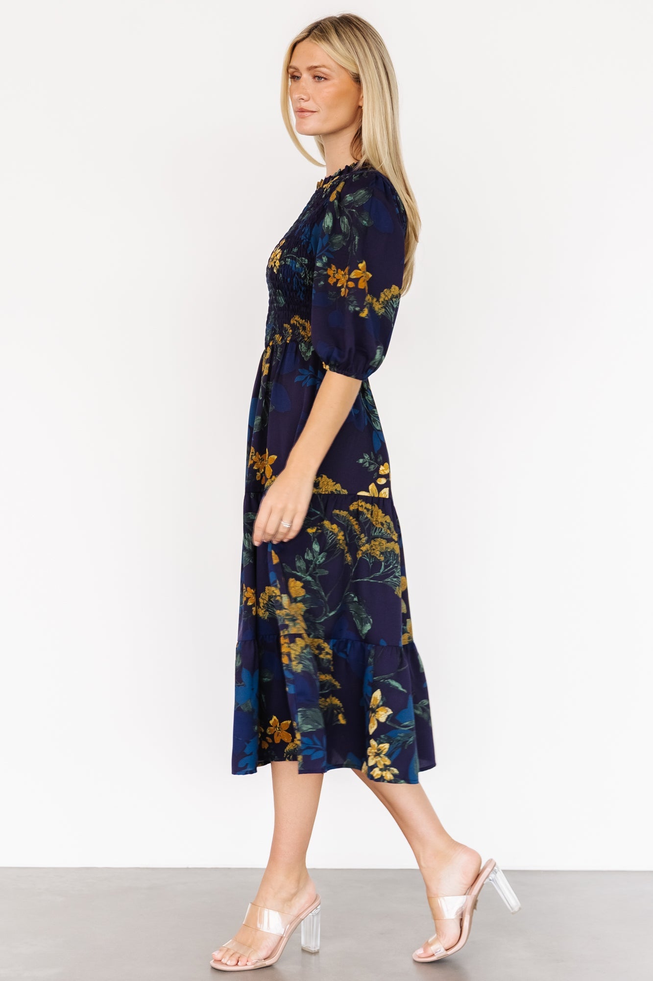 Lena Tiered Midi Dress | Baltic Born Navy + Gold Floral