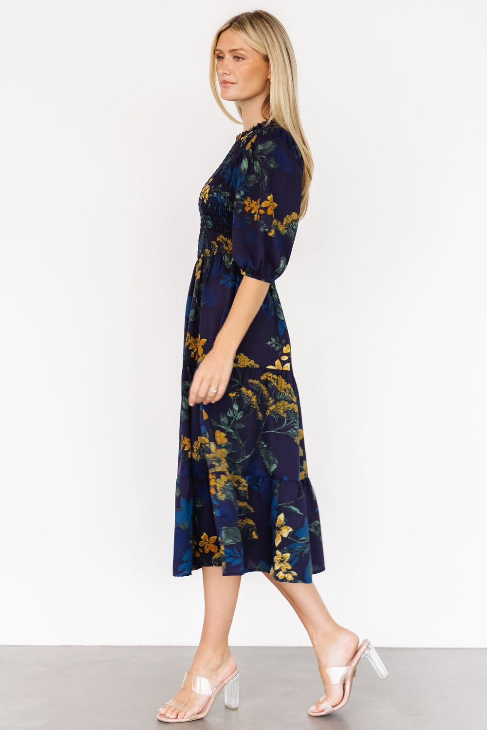 Lena Tiered Midi Dress | Baltic Born Navy + Gold Floral