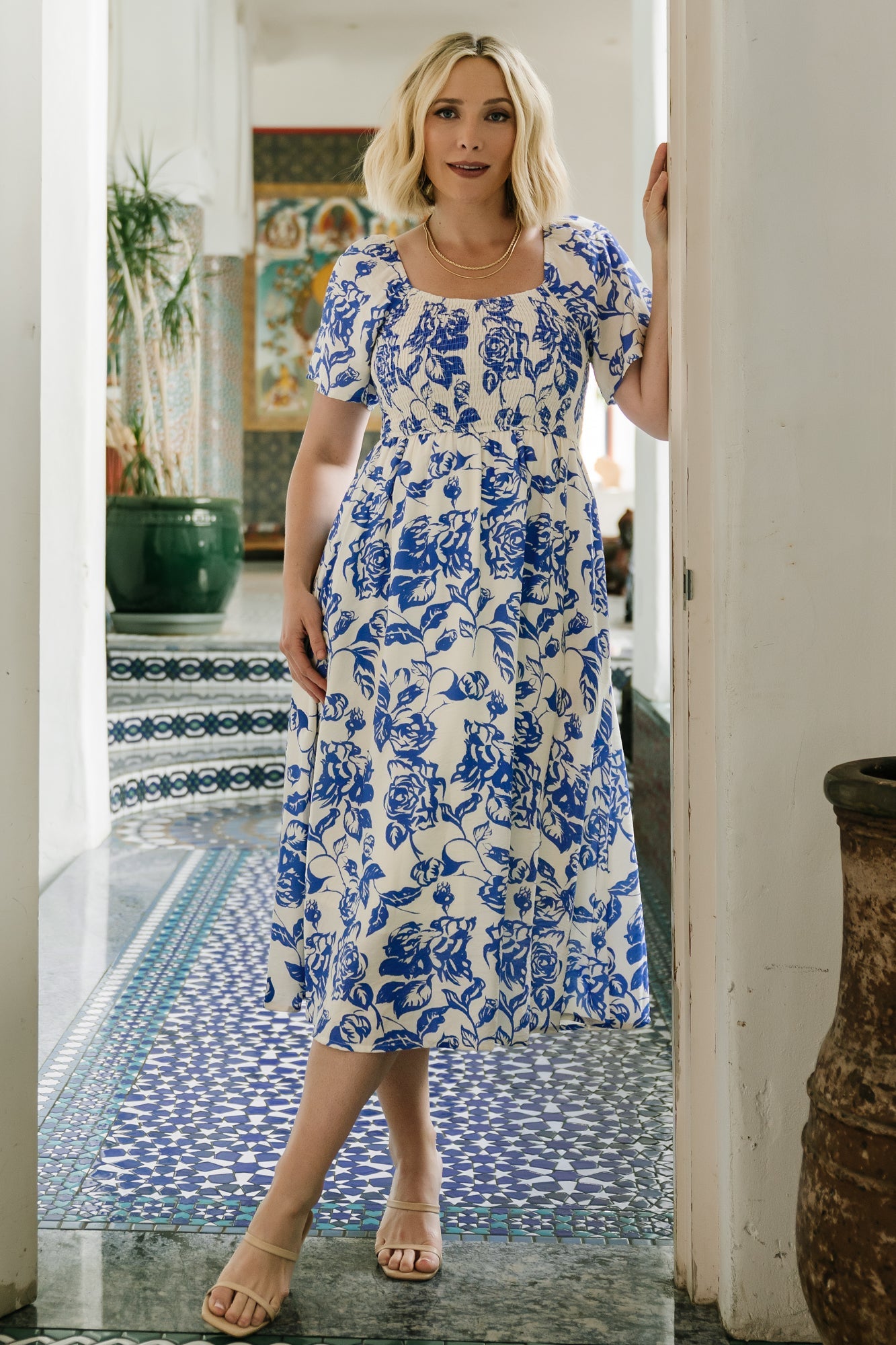 Dolores Smocked Midi Dress | Baltic Born Ivory + Blue Floral