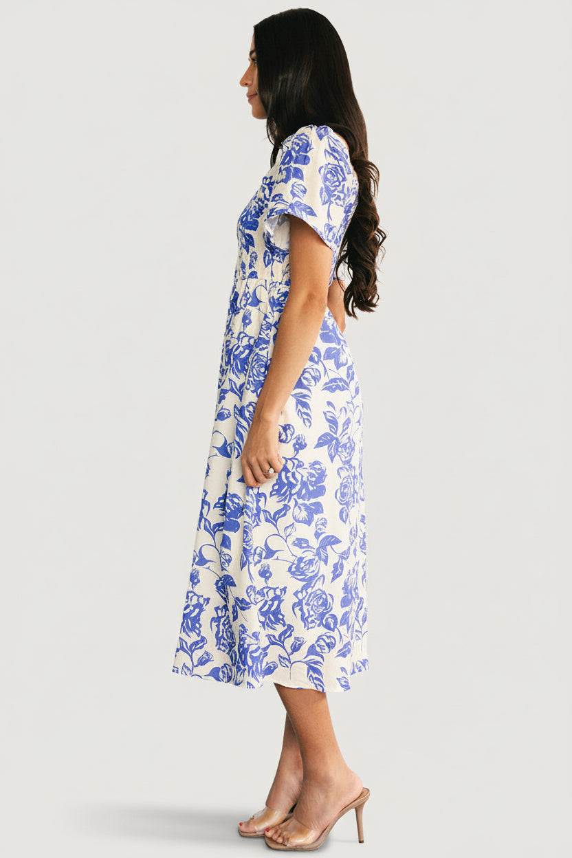 Dolores Smocked Midi Dress | Baltic Born Ivory + Blue Floral