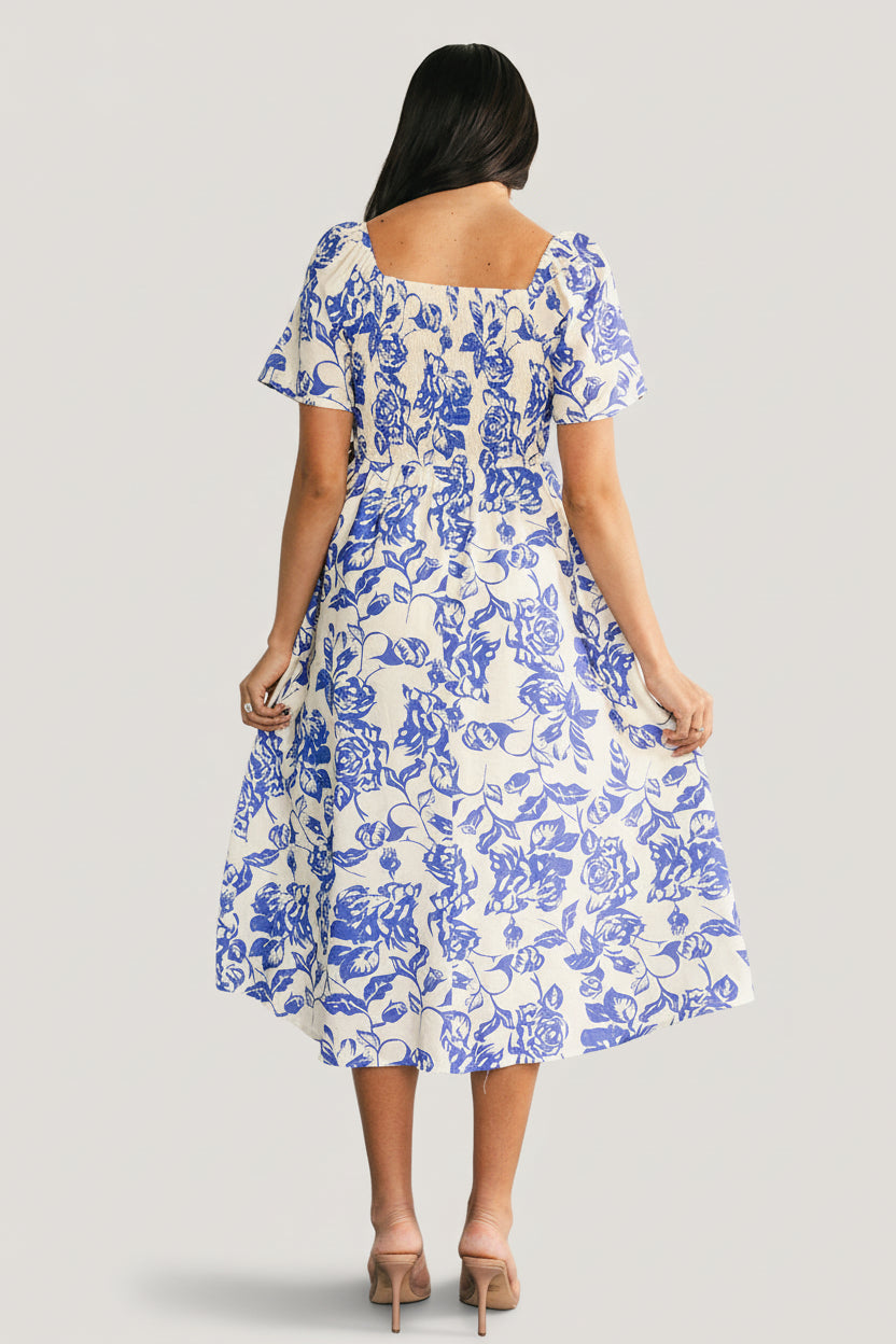 Dolores Smocked Midi Dress | Baltic Born Ivory + Blue Floral