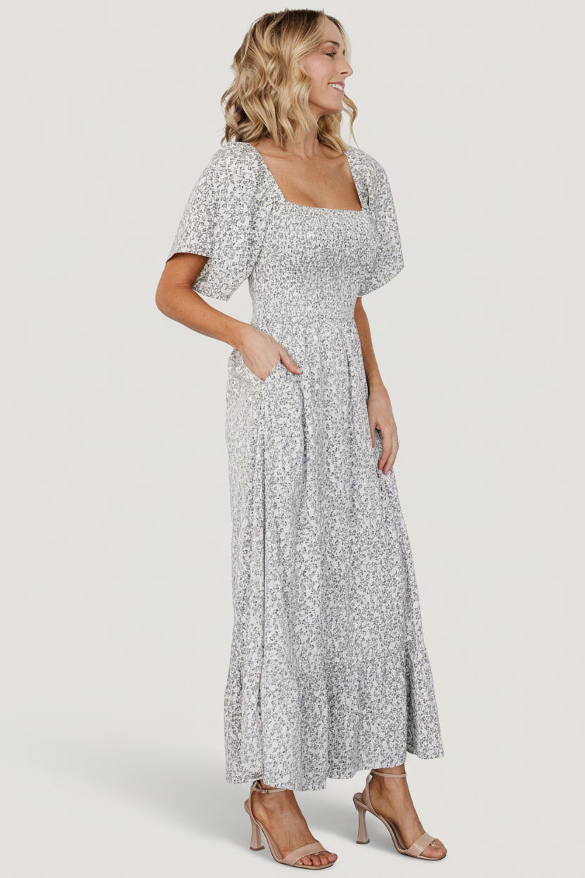 Cassis Smocked Midi Dress | Baltic Born Ivory + Black Floral
