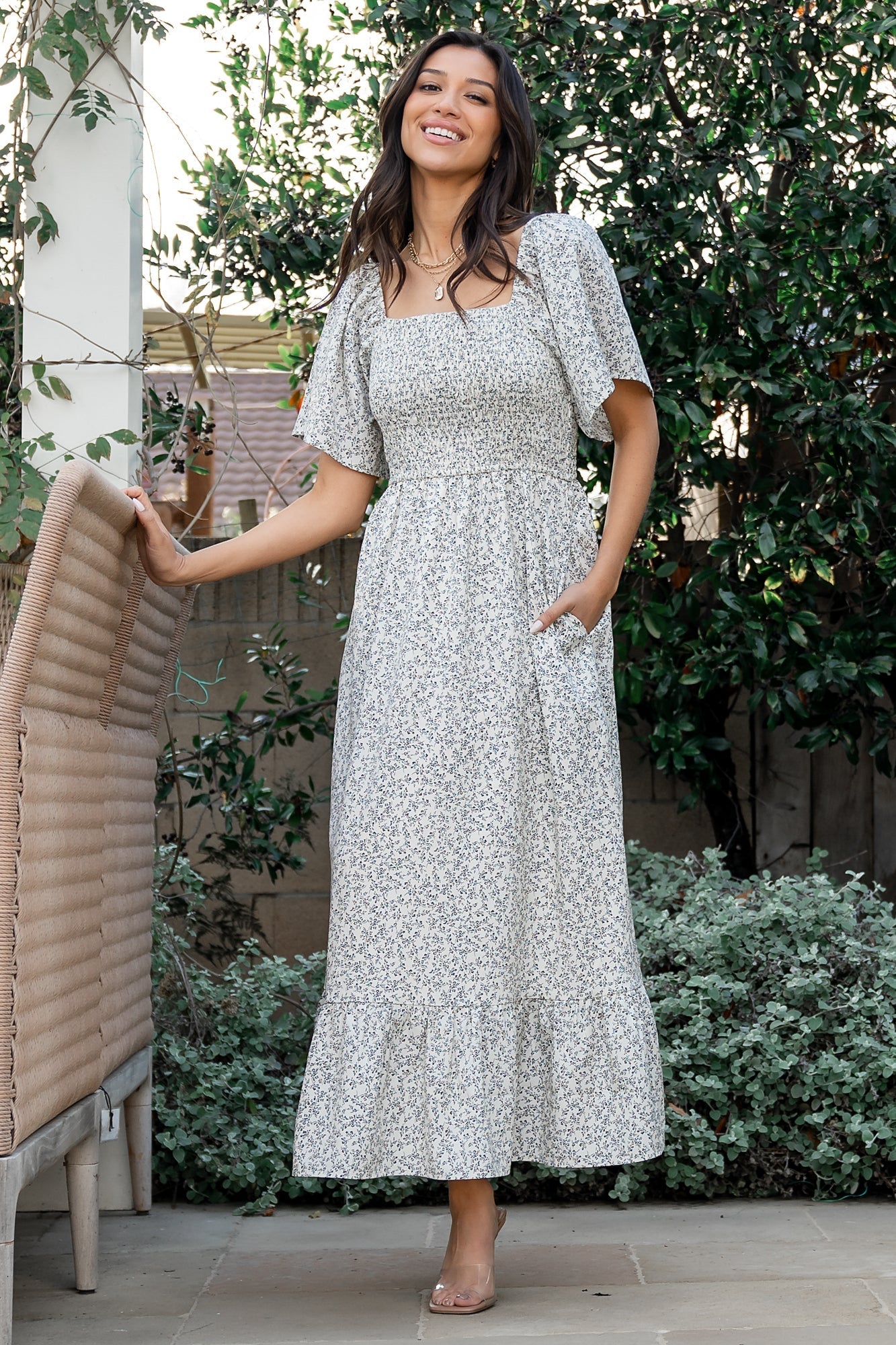 Cassis Smocked Midi Dress | Baltic Born Ivory + Black Floral