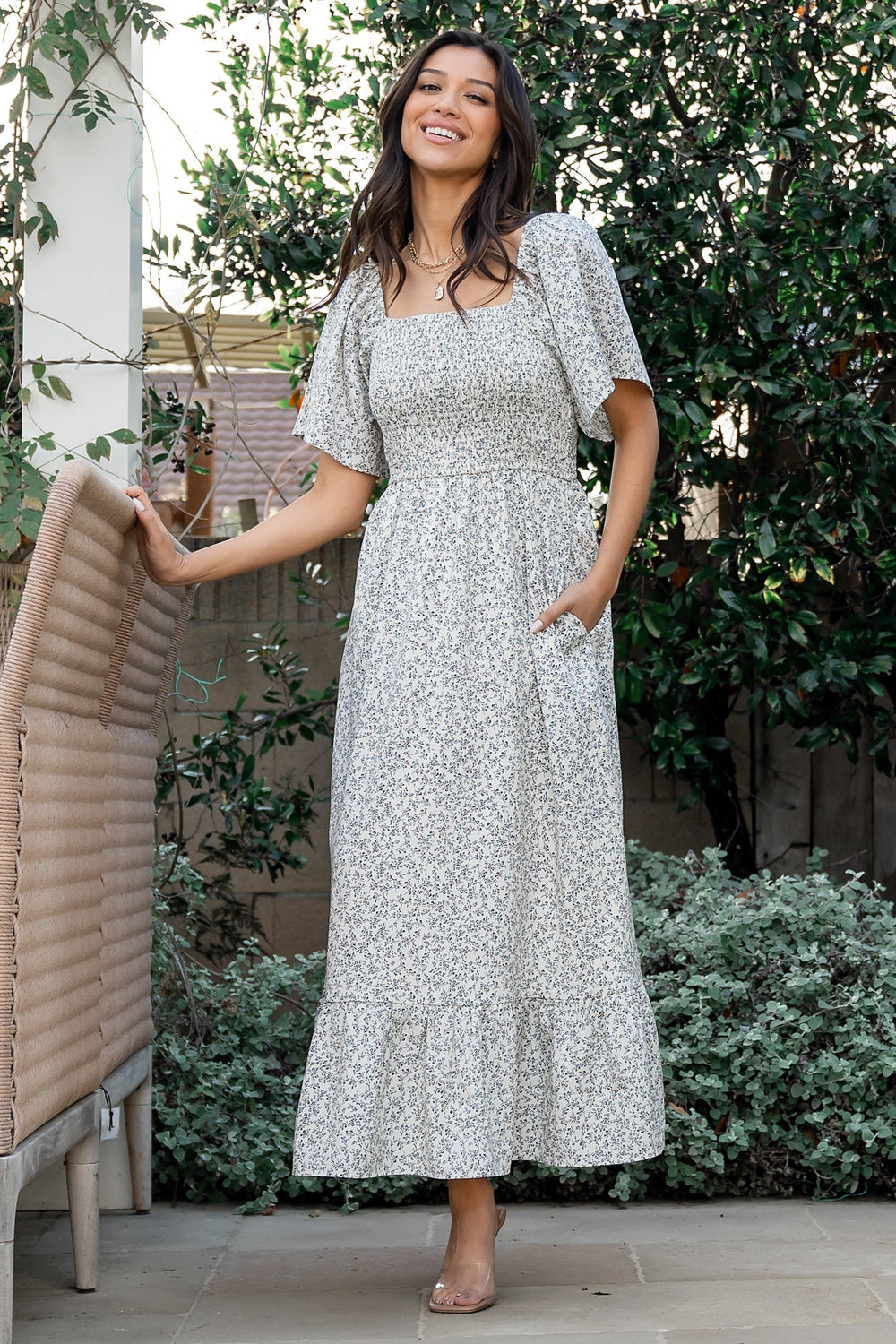Cassis Smocked Midi Dress | Baltic Born Ivory + Black Floral