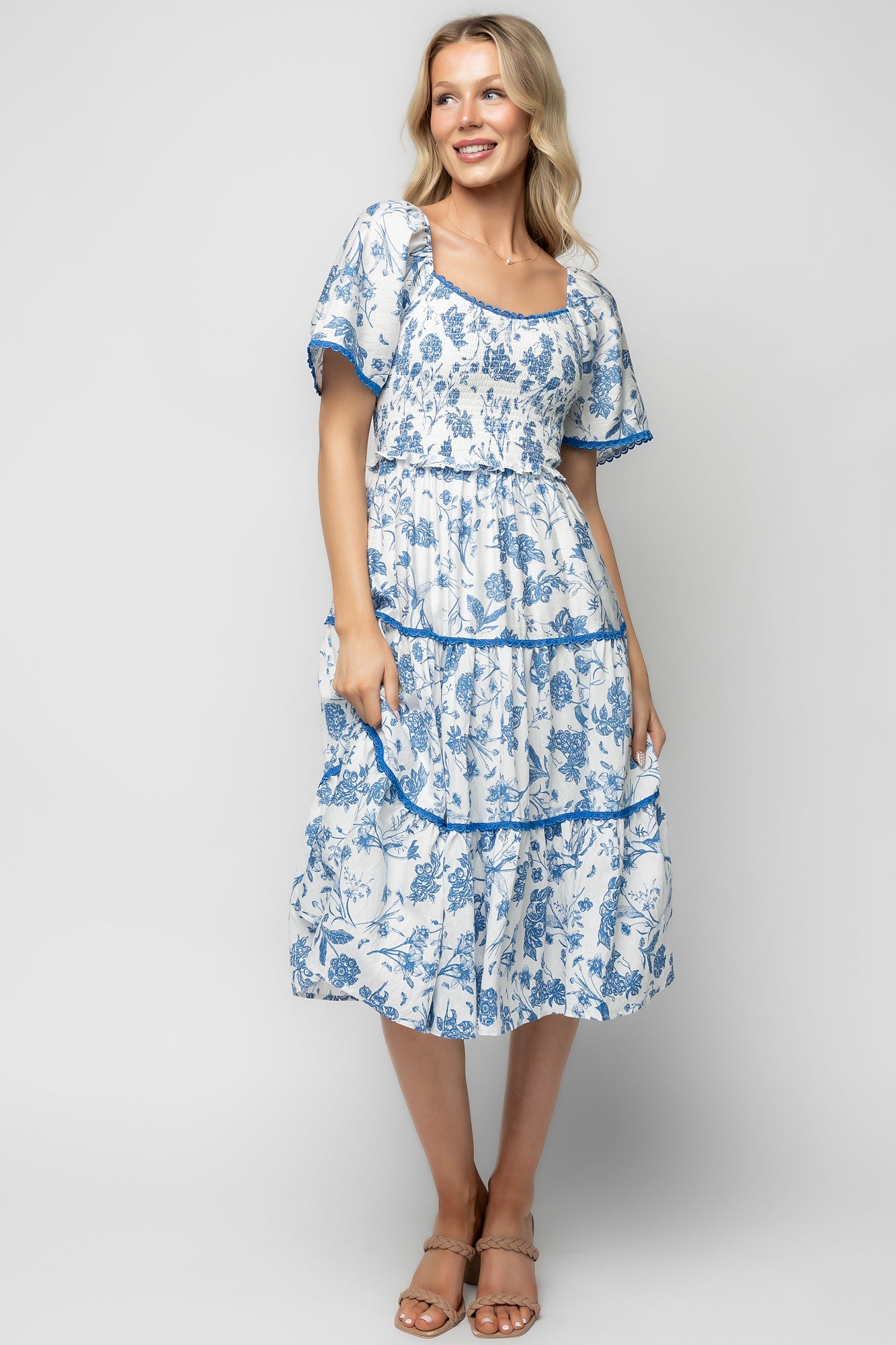 Freya Tiered Midi Dress | Baltic Born White + Blue