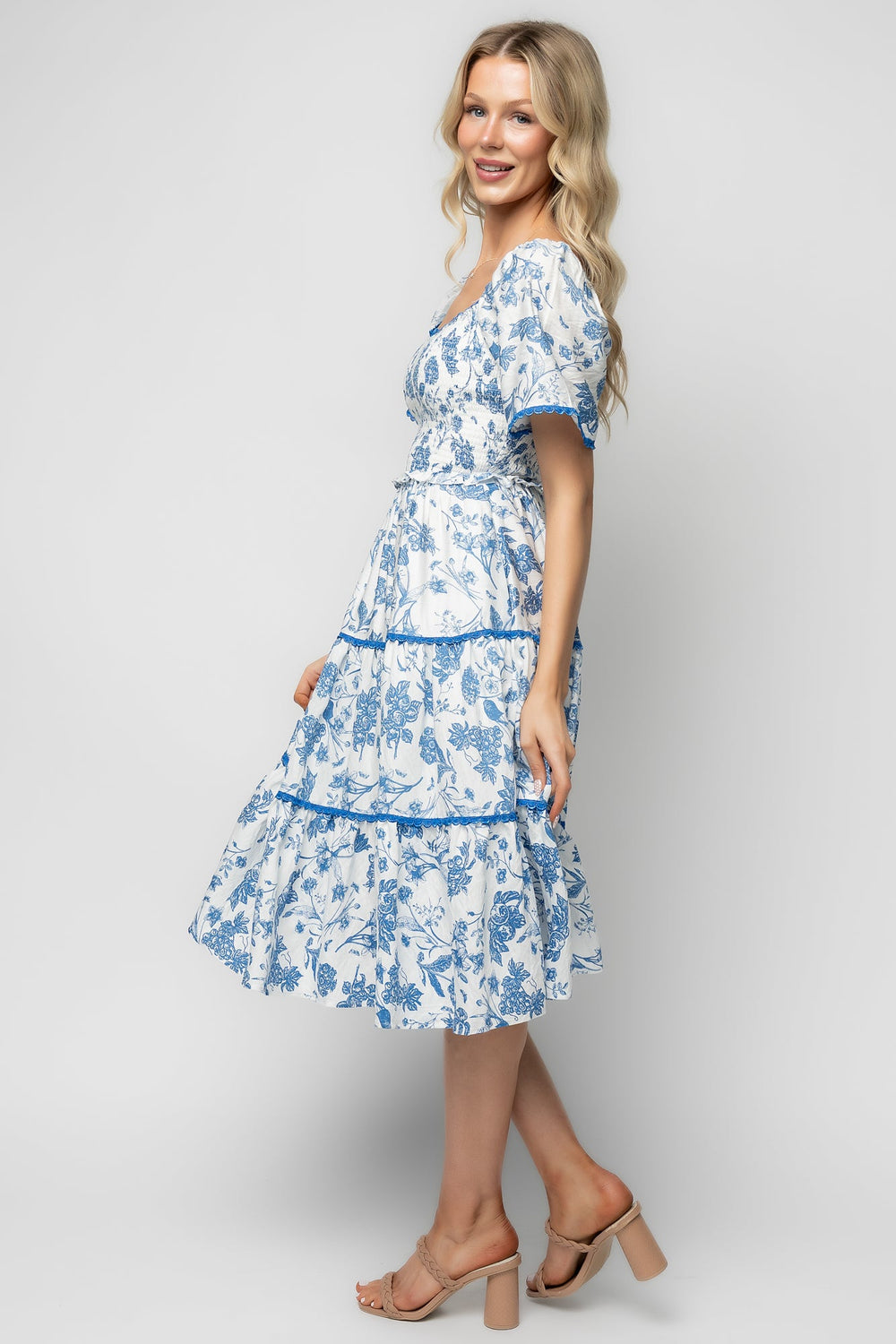 Freya Tiered Midi Dress | Baltic Born White + Blue