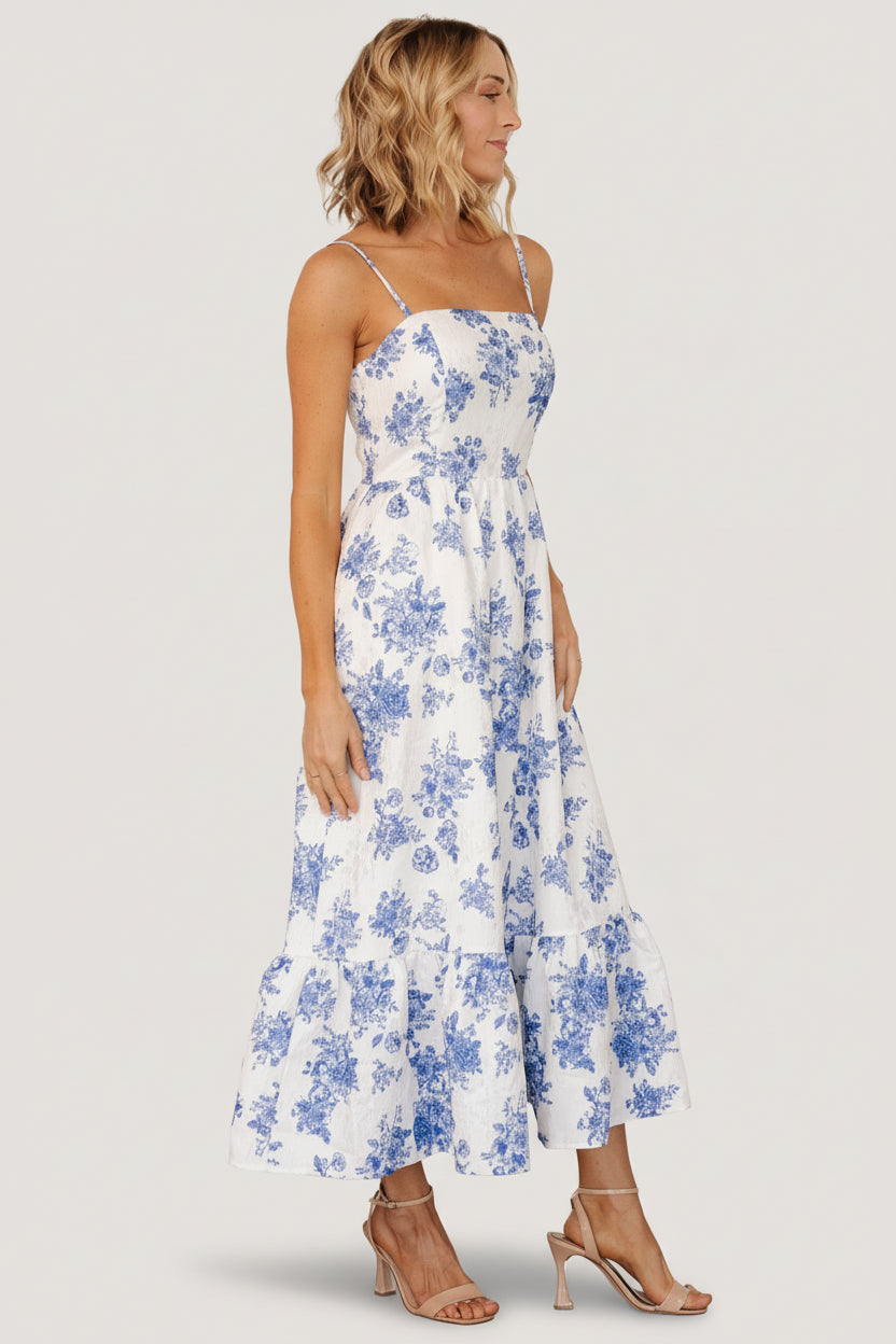 Cherie Jacquard Dress | Baltic Born Off White + Blue Floral