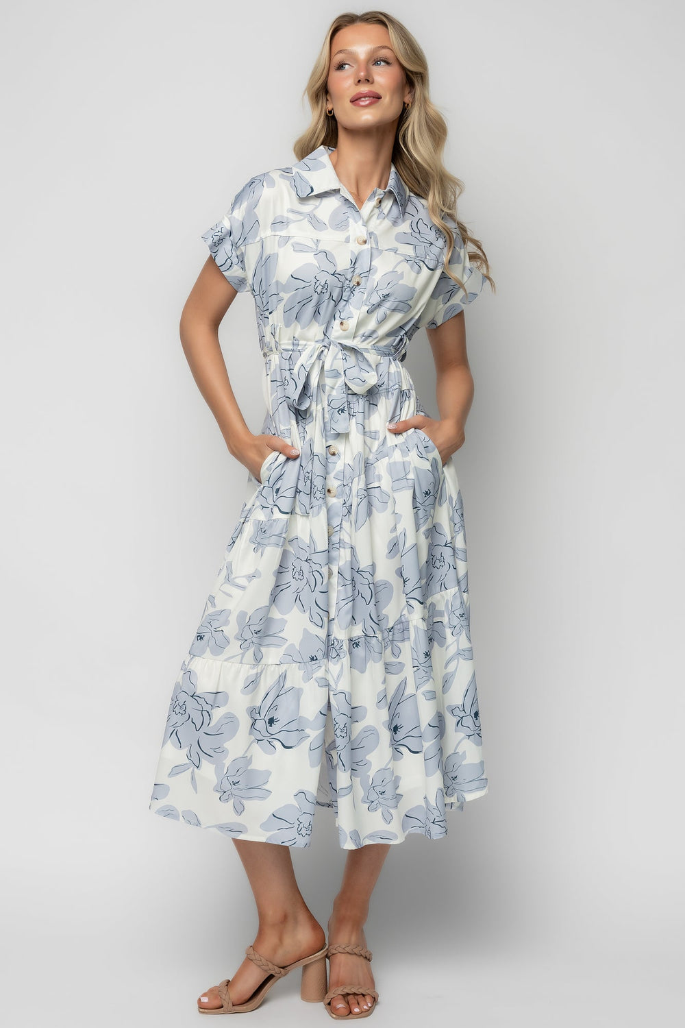 Claire Button Up Midi Dress | Baltic Born Ivory + Blue Floral