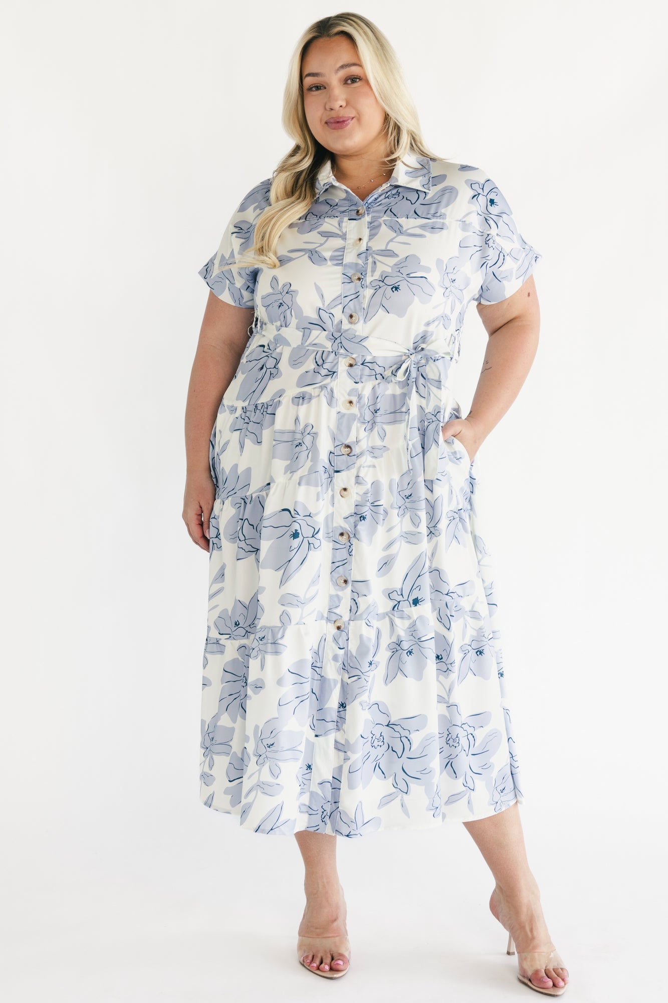 Claire Button Up Midi Dress | Baltic Born Ivory + Blue Floral