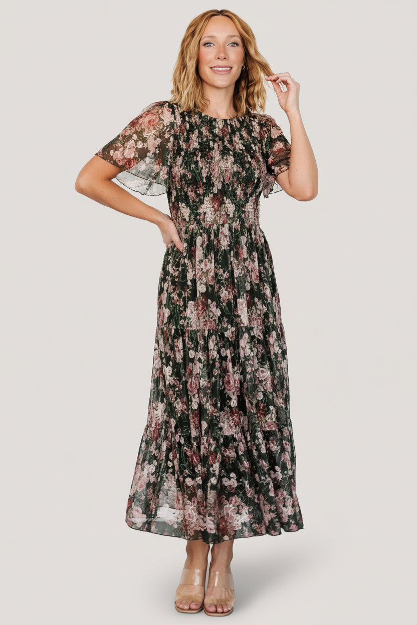 Mara Embroidered Tulle Dress | Baltic Born Dark Green + Blush Floral