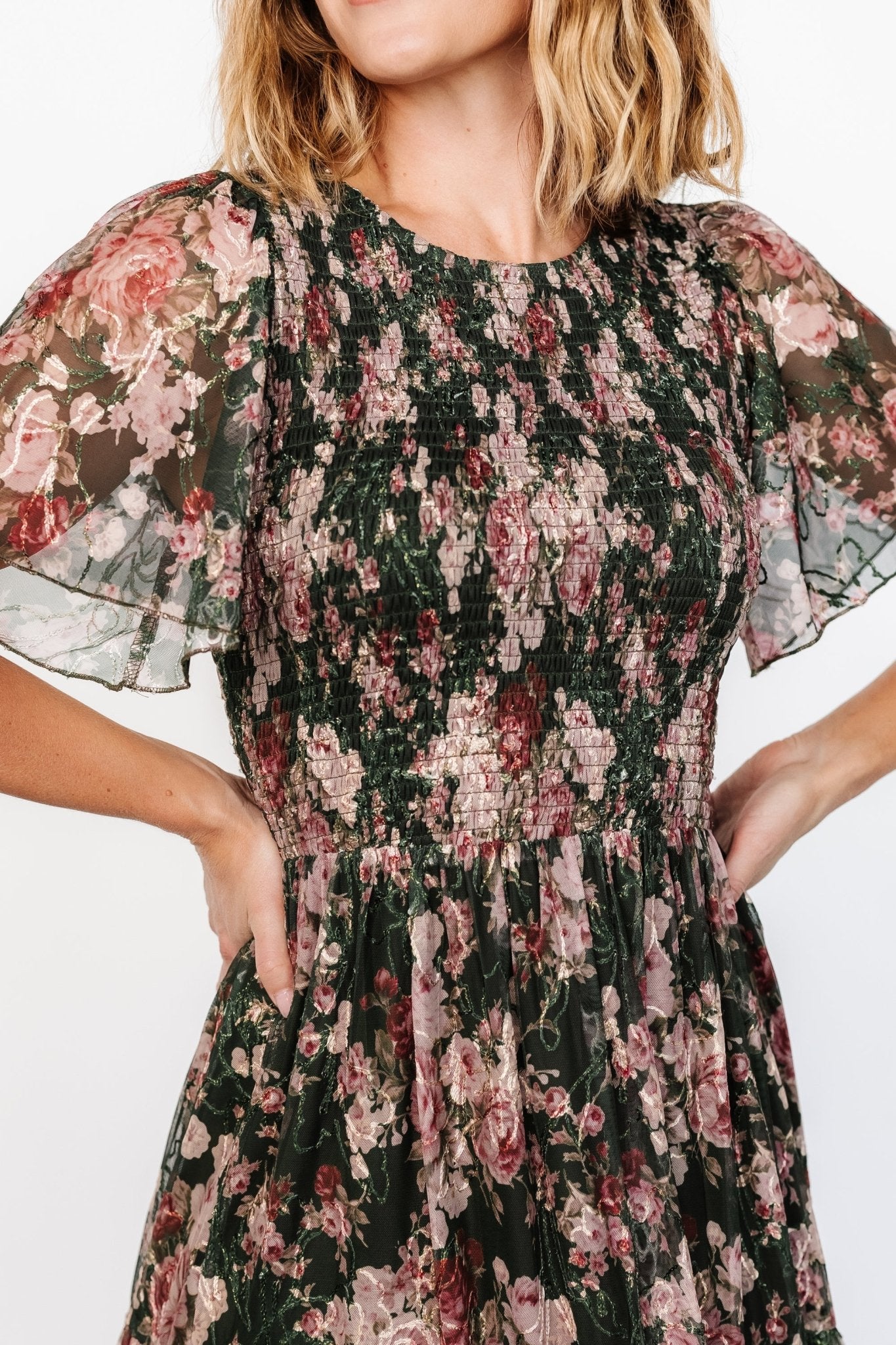 Mara Embroidered Tulle Dress | Baltic Born Dark Green + Blush Floral