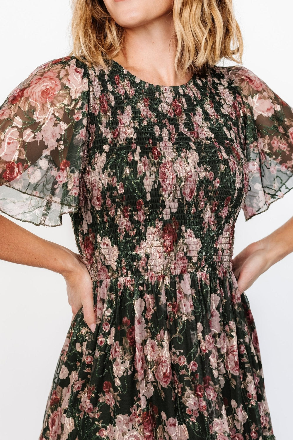 Mara Embroidered Tulle Dress | Baltic Born Dark Green + Blush Floral