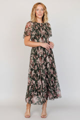 Mara Embroidered Tulle Dress | Baltic Born Dark Green + Blush Floral