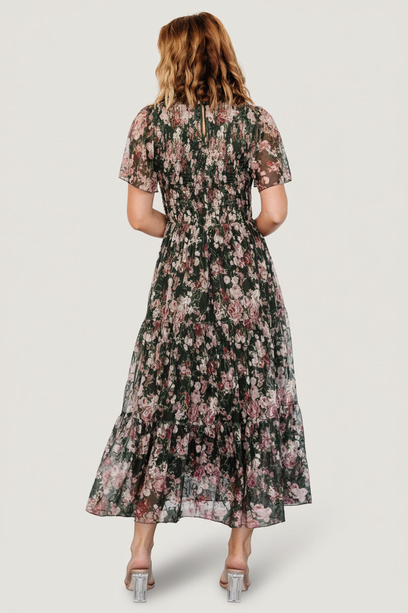 Mara Embroidered Tulle Dress | Baltic Born Dark Green + Blush Floral