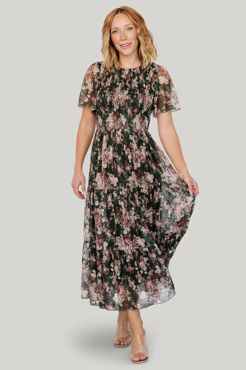 Mara Embroidered Tulle Dress | Baltic Born Dark Green + Blush Floral