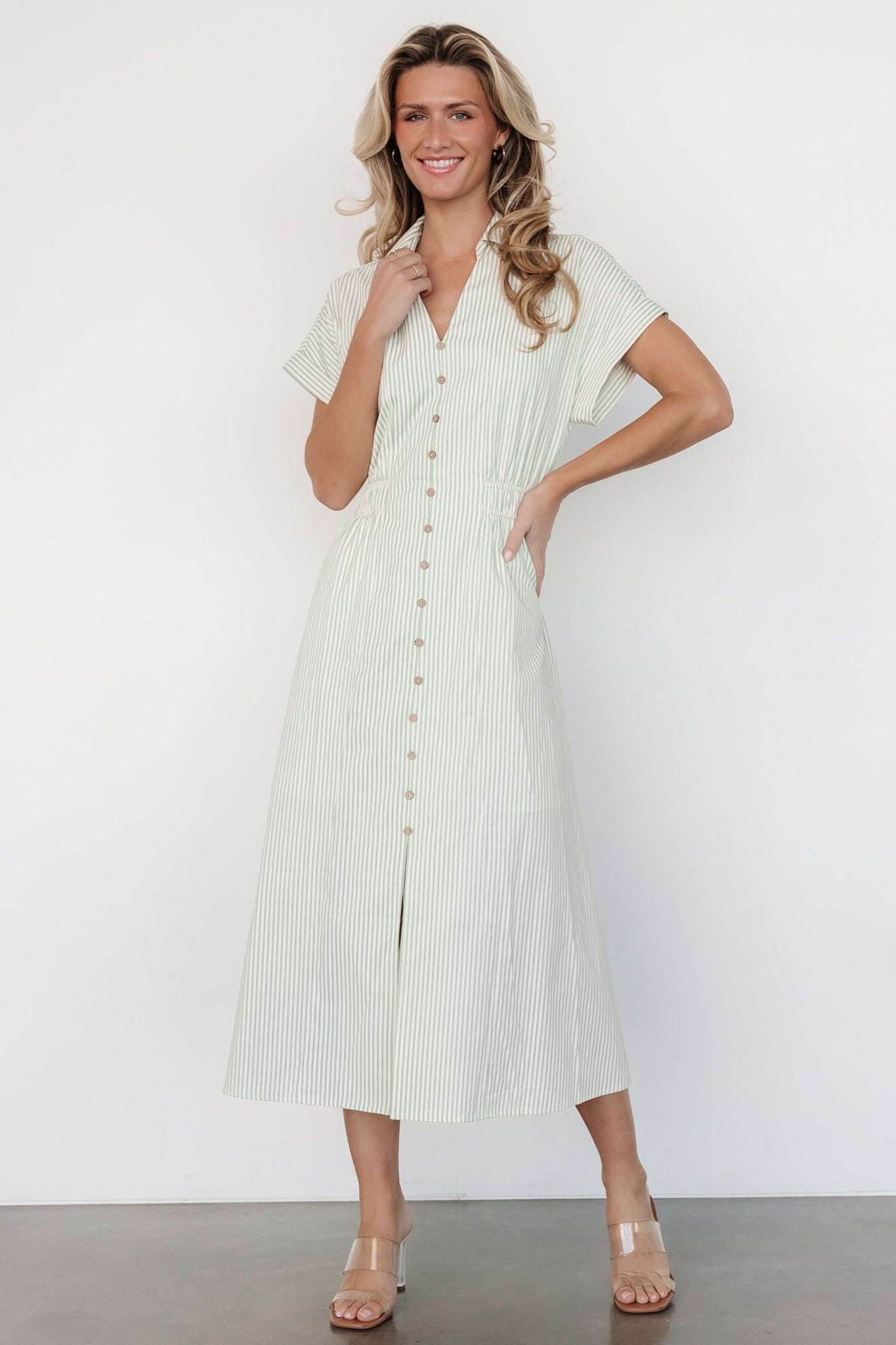 Larah Button Dress | Baltic Born Sage Stripe