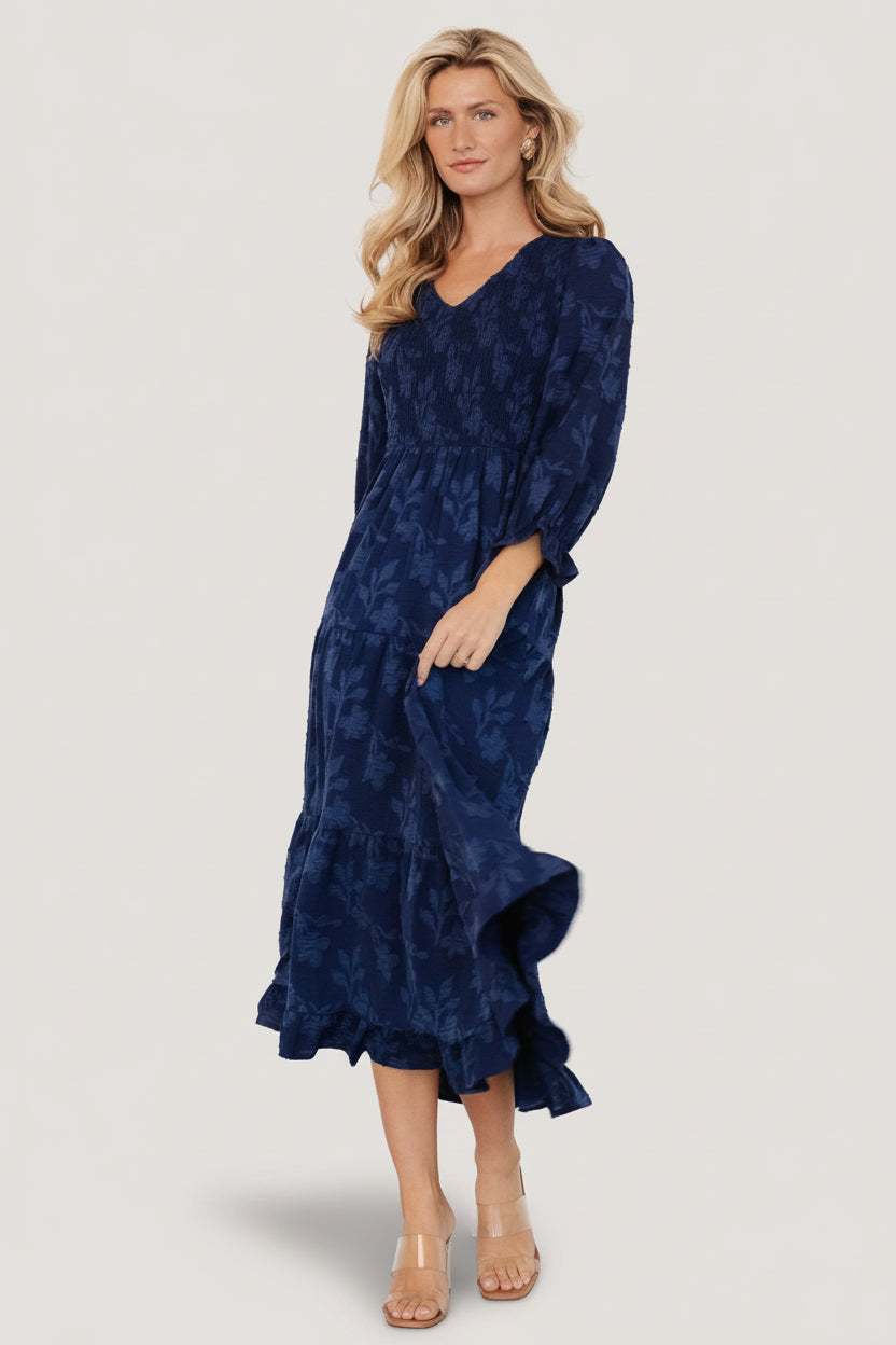 Aubrey Smocked Midi Dress | Baltic Born Navy Floral