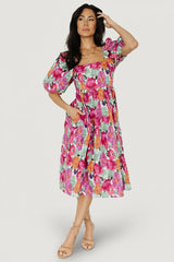 Aimee Puff Sleeve Midi Dress | Baltic Born Pink Multi