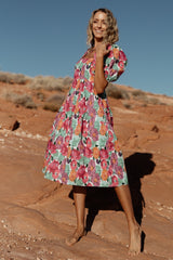Aimee Puff Sleeve Midi Dress | Baltic Born Pink Multi