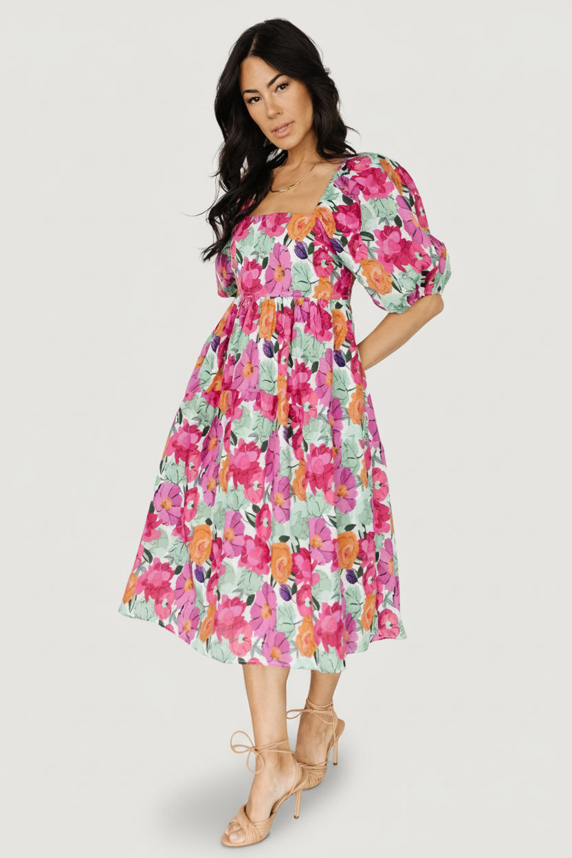 Aimee Puff Sleeve Midi Dress | Baltic Born Pink Multi