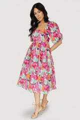 Aimee Puff Sleeve Midi Dress | Baltic Born Pink Multi