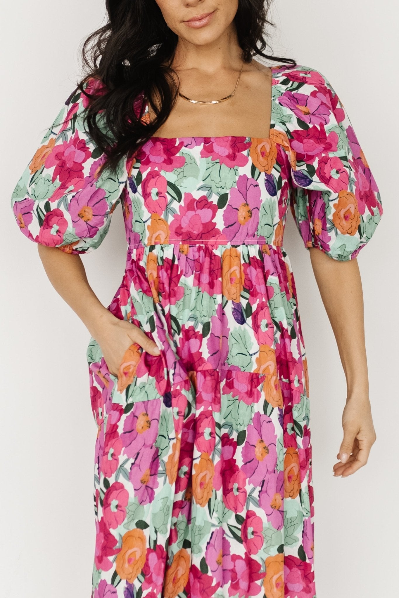 Aimee Puff Sleeve Midi Dress | Baltic Born Pink Multi