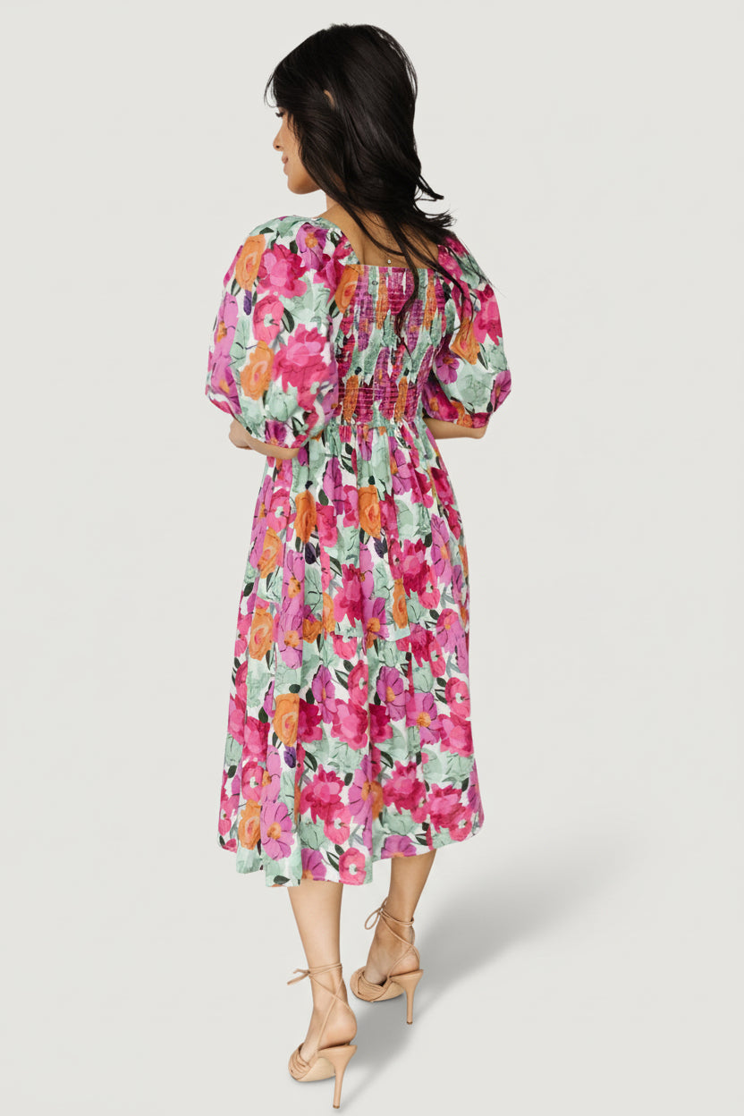Aimee Puff Sleeve Midi Dress | Baltic Born Pink Multi