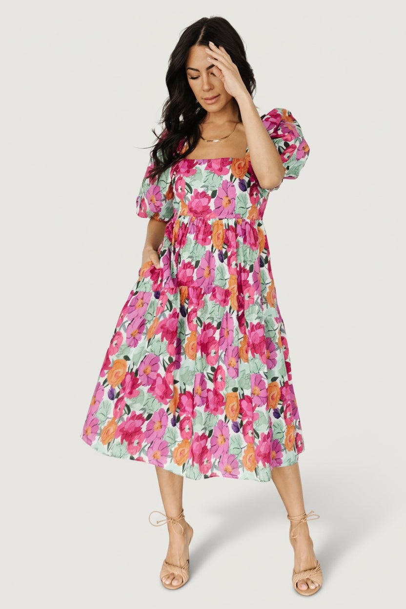 Aimee Puff Sleeve Midi Dress | Baltic Born Pink Multi