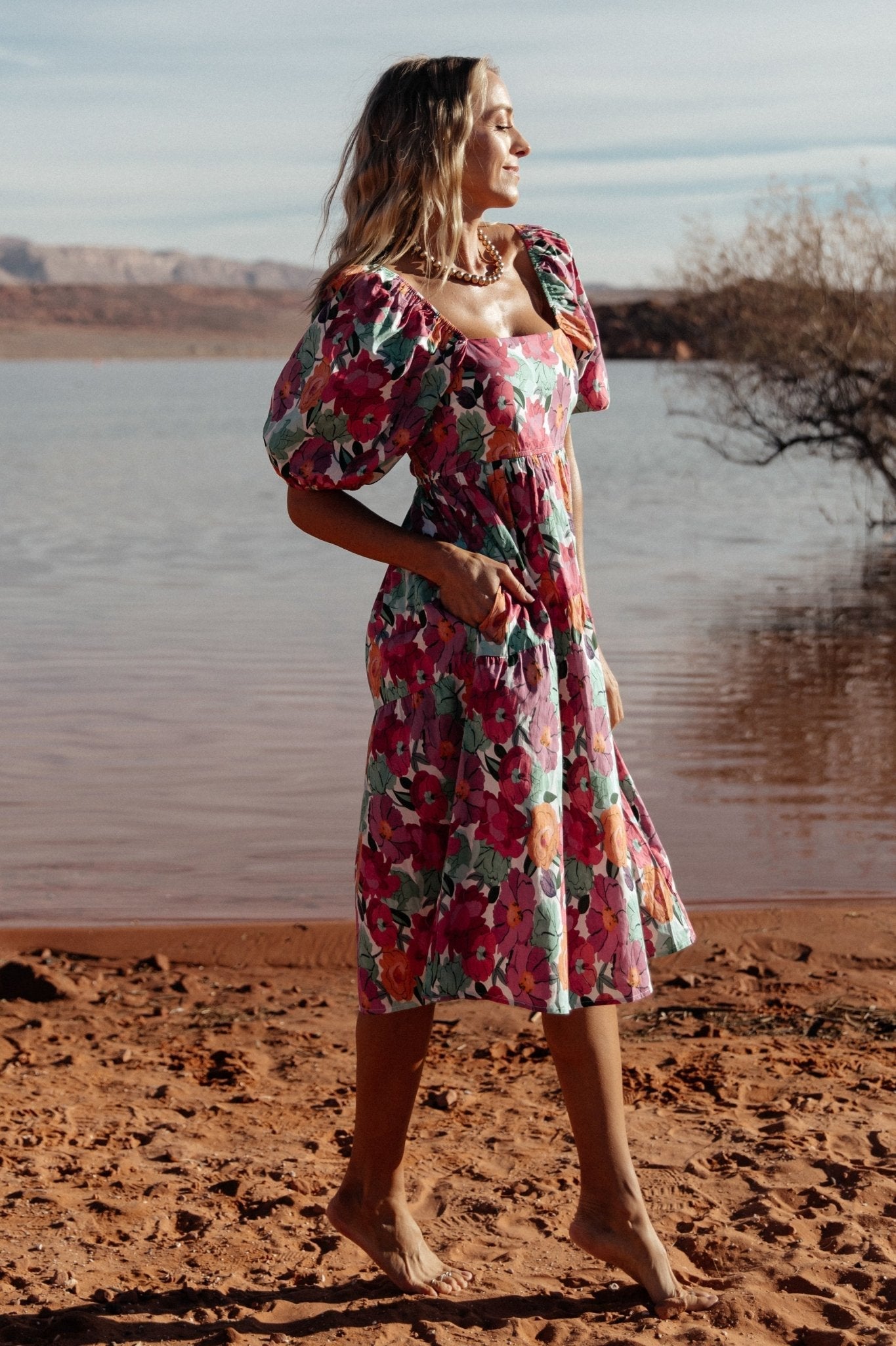 Aimee Puff Sleeve Midi Dress | Baltic Born Pink Multi