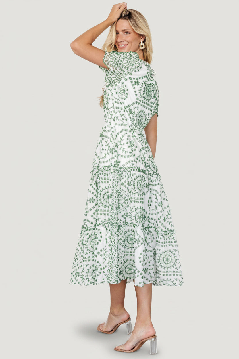 Mirabel Eyelet Midi Dress | Baltic Born White + Green