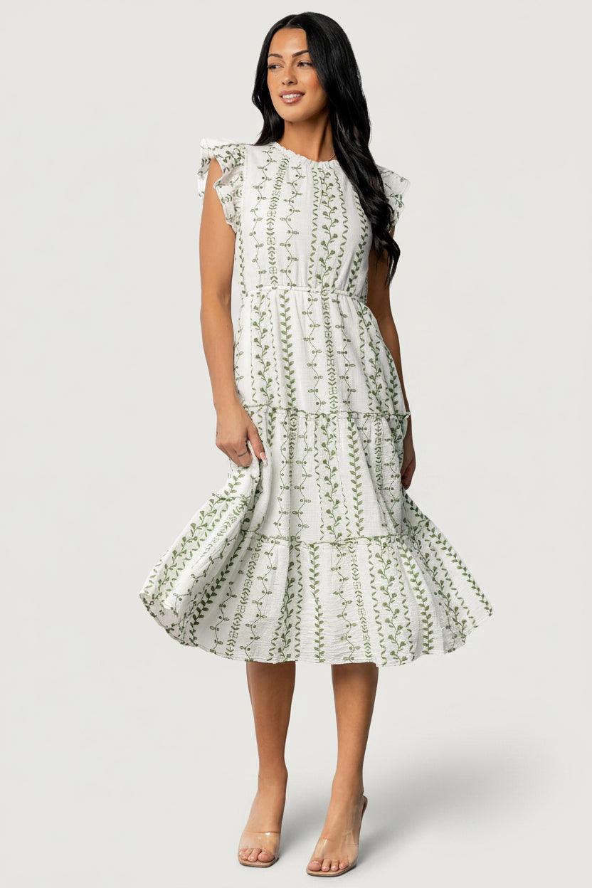 Frida Embroidered Midi Dress | Baltic Born White + Green Print